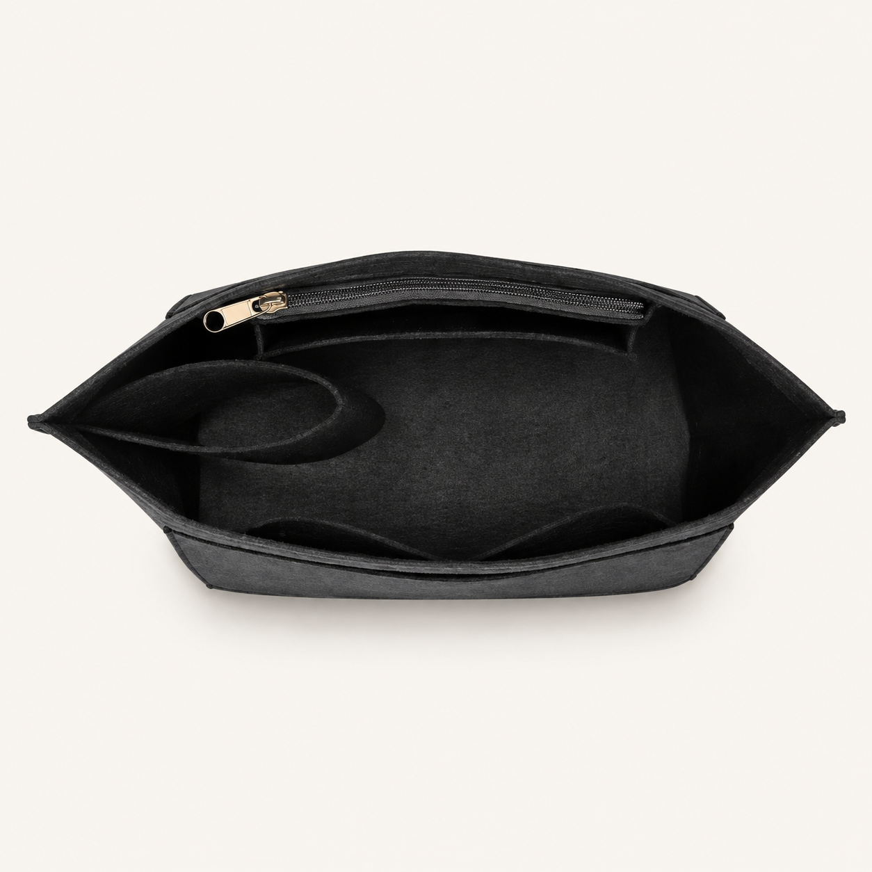 Black felt handbag organiser with interior pockets
